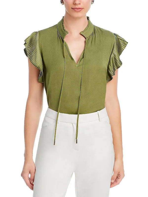 Womens Pleated Sleeve Tie Neck Blouse