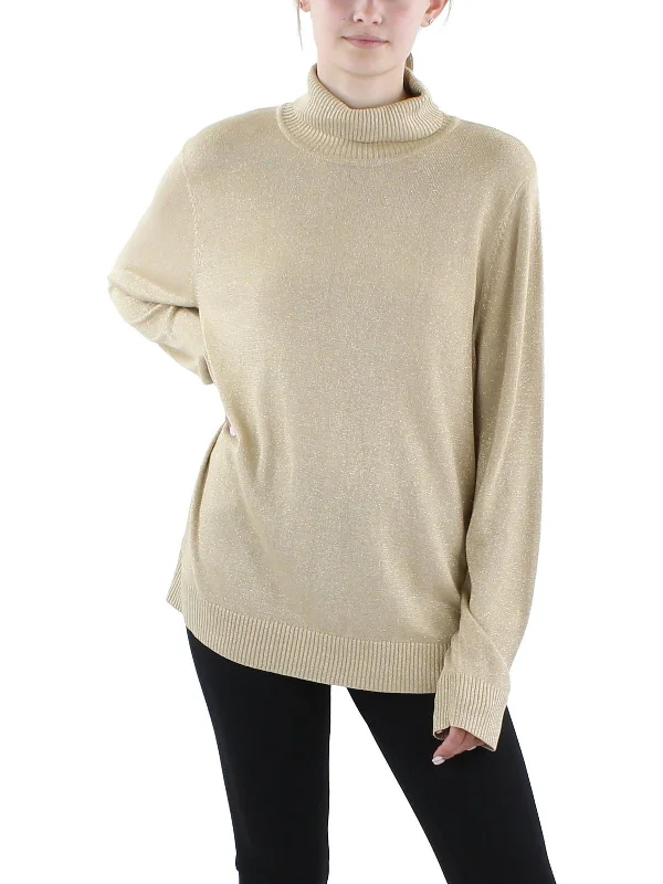 Womens Ribbed Trim  Metallic Turtleneck Top