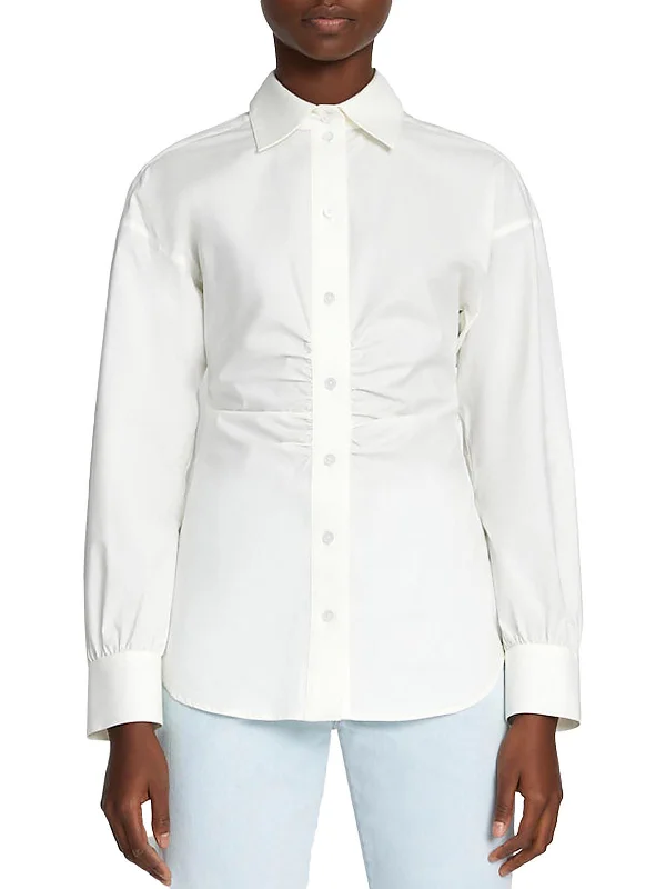 Womens Ruched Poplin Button-Down Top