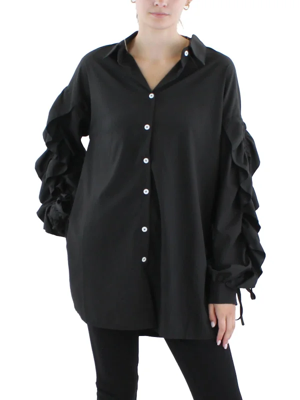 Womens Ruffled Cotton Button-Down Top