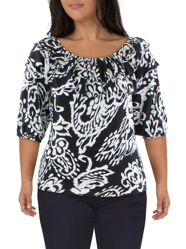 Womens Ruffled Neckline Abstract Blouse