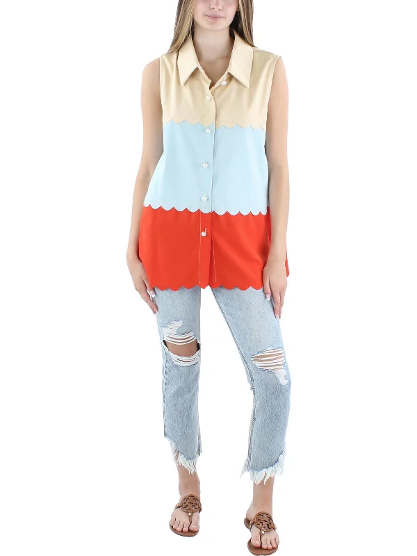 Womens Scalloped Polyester Button-Down Top