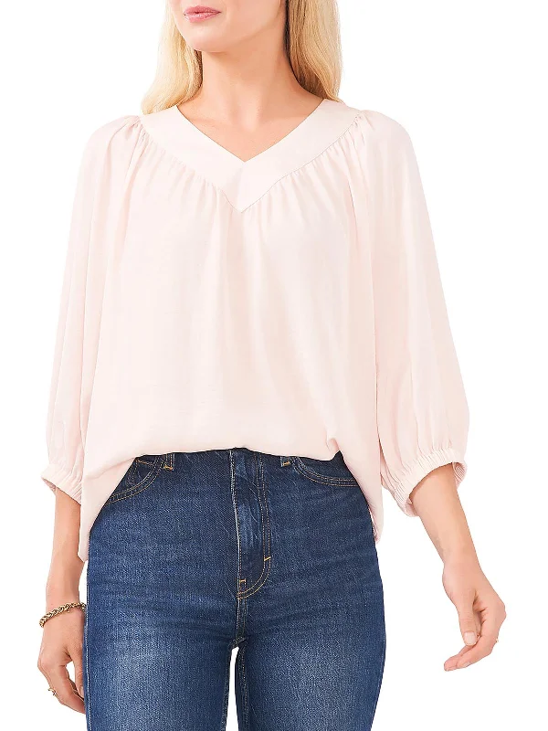 Womens Shirring V-Neck Blouse