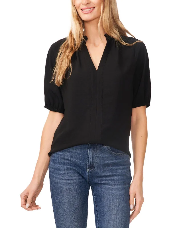 Womens Split Neck Ruffled Collar Blouse