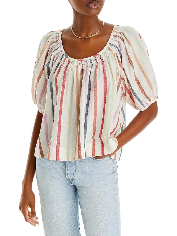 Womens Striped Back Ties Peasant Top