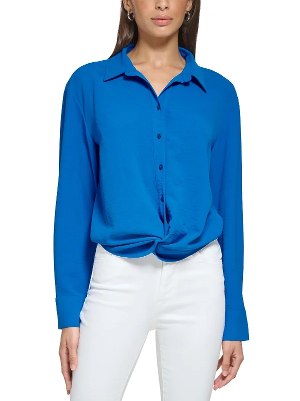 Womens Twist Hem Long Sleeve Button-Down Top