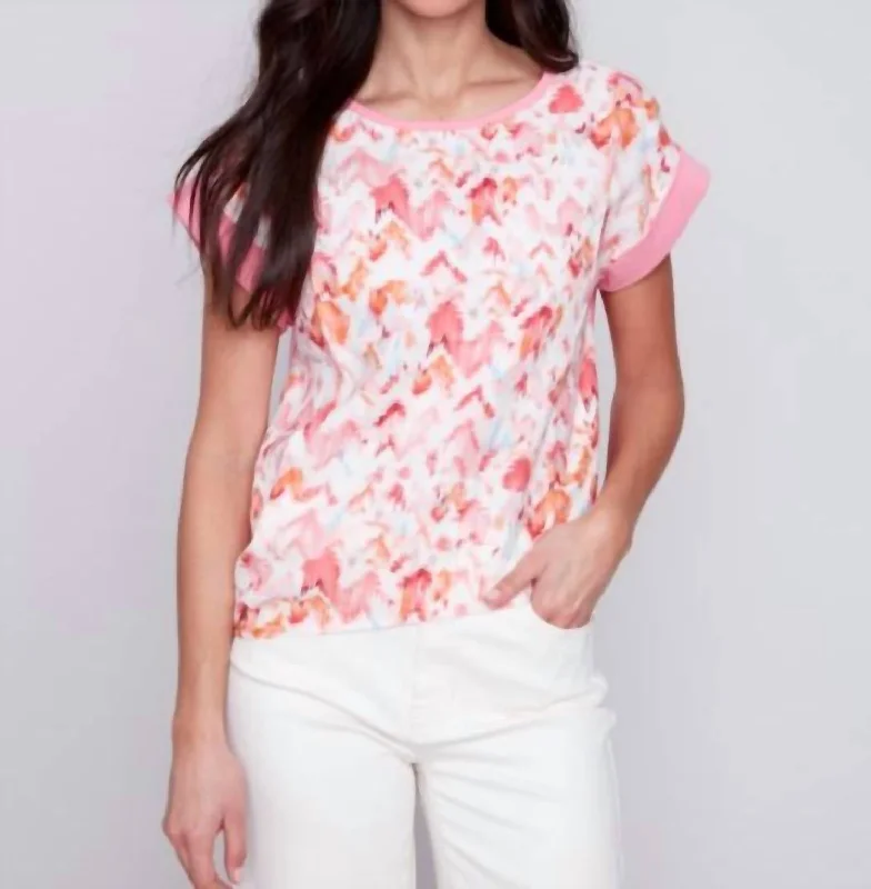 Woven Linen Knit Combo Top In Rose Pink