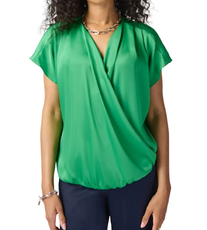 Wrap Front Satin Top In Green